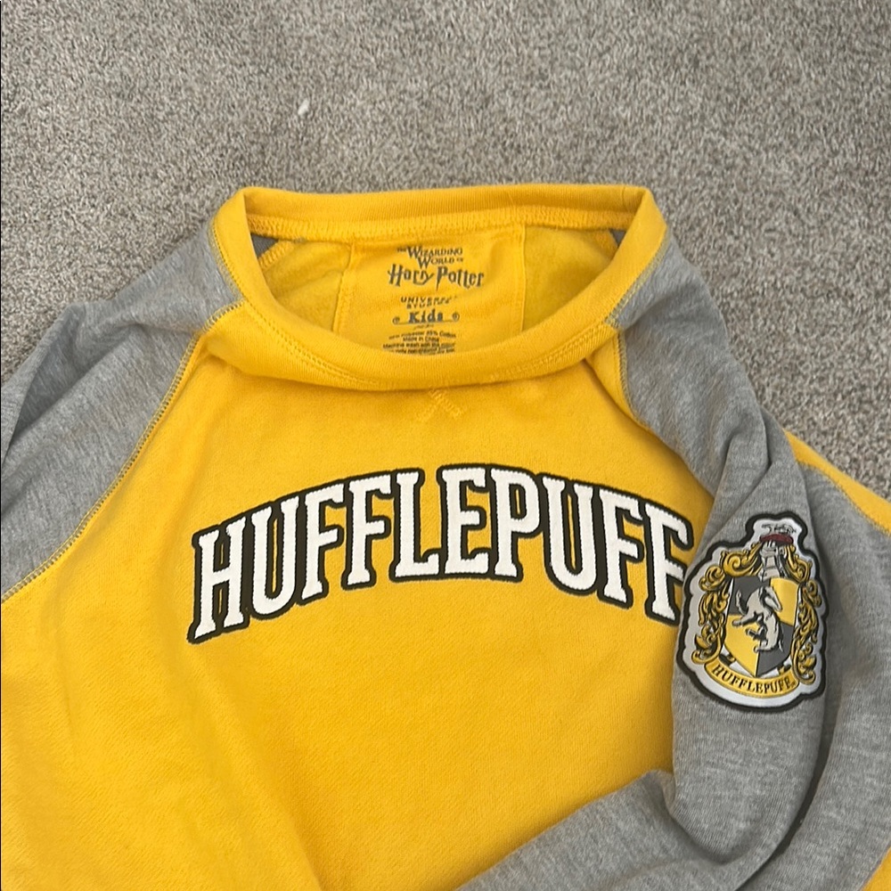 Wizard World Of Harry Potted. Hufflepuff Kids Crewneck- Yellow and Grey. Kids XL